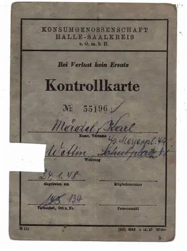 KONTROLLKARTE KONSUMGENOSSENSCHAFT HALLE / SAALE