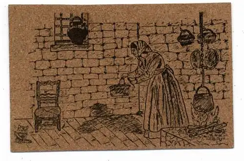 [Ansichtskarte] MATERIAL - AK aus KORK, Küchenszene. 