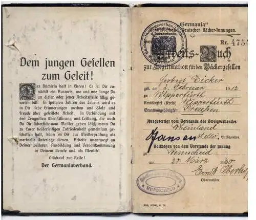 AUSWEIS / DOCUMENT - Arbeits - Buch eines Bäcker Gesellen