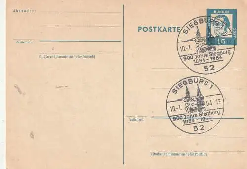 [Ansichtskarte] 5200 SIEGBURG, Postgeschichte, Sonderstempel "900 Jahre Siegburg", 1964 auf Postkarte. 