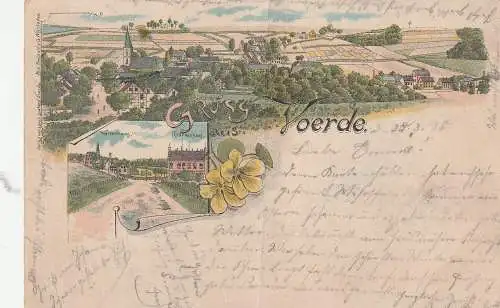 [Ansichtskarte] 4223 VOERDE, Lithographie 1898, Dorfansicht, Weissenhaus, Krankenhaus, deutliche senkrechte Druckstelle. 