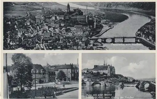 [Ansichtskarte] 0-8250 MEISSEN, Hotel Goldenes Schiff mit NS-Beflaggung, Burg mit alter Brücke, Panoramaansicht. 
