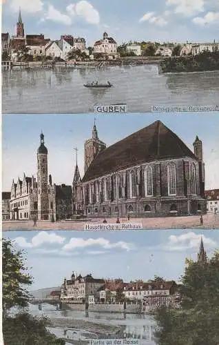 [Ansichtskarte] 0-7560 GUBEN, Kirche, Rathaus, Neissepartien. 