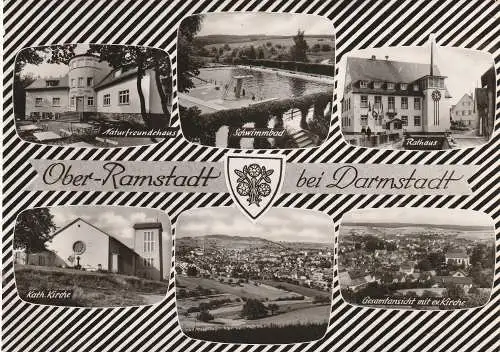 [Ansichtskarte] 6105 OBER - RAMSTADT, Naturfreundehaus, Schwimmbad, Rathaus, Kath. Kirche, Gesamtansichten. 