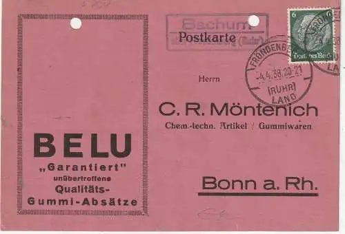 [Ansichtskarte] 5760 ARNSBERG - BACHUM, Postgeschichte, Landpoststempel "Bachum über Fröndenberg (Ruhr)" auf Firmenpostkarte, gelocht. 