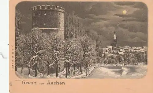 [Ansichtskarte] 5100 AACHEN, Winter - Lithographie, Pulverturm, Blick auf die Stadt, ca. 1900. 