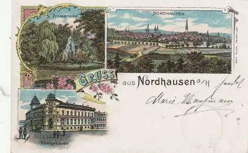 [Ansichtskarte] 0-5500 NORDHAUSEN, Lithographie 1898, Post, Promenade, Gesamtansicht. 