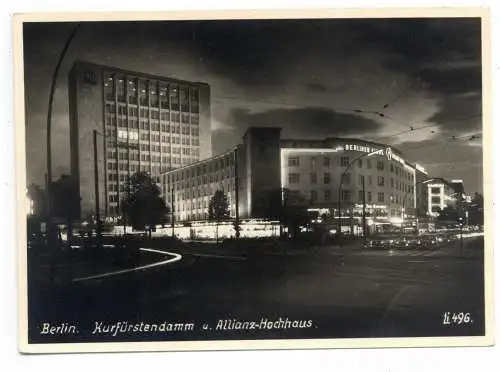 [Ansichtskarte] 1000 BERLIN - CHARLOTTENBURG, Kurfürstendamm mit Allianz - Hochhaus bei Nacht. 
