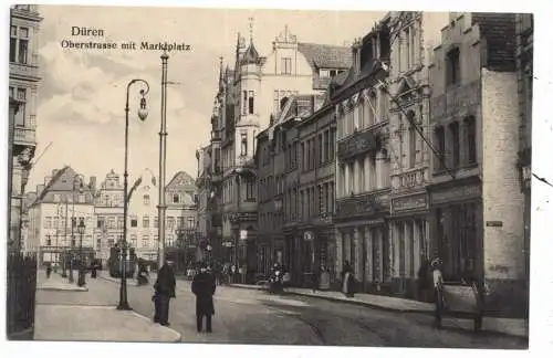 [Ansichtskarte] 5160 DÜREN, Oberstrasse mit Marktstrasse, Strassenbahn, Ladengeschäfte, belebte Stene. 