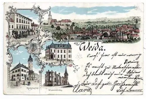 [Ansichtskarte] 0-6518 WEID, Lithographie 1898, Bräunlich's Hotel, Postamt, Rathskeller, Wiedenkirche, Gesamtansicht. 