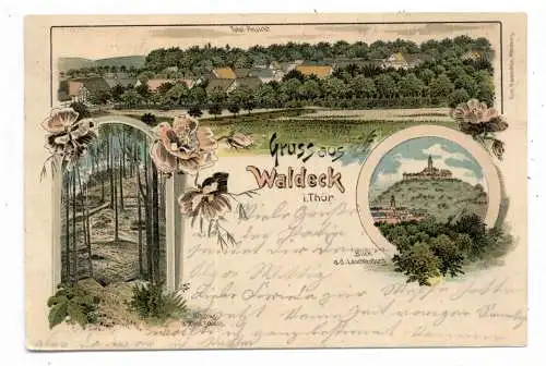 [Ansichtskarte] 0-6541 WALDECK / Hermsdorf, Lithographie, Dorfansicht, Leuchtenburg, Aufstieg zum Alten Schloß. 