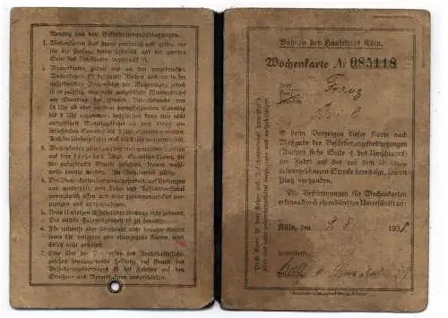 KÖLN, Bahnen der stadt Köln, Wochenkarte 1938