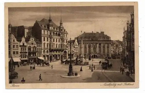 [Ansichtskarte] 5300 BONN, Marktplatz und Rathaus, Strassenbahnen, Droschken, 1923. 
