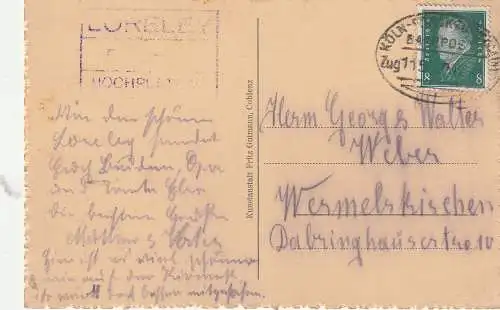 [Ansichtskarte] 5422 ST. GOARSHAUSEN, Schweizertal, Burg Maus, Bahnpost Köln - Frankfurt, 1929. 