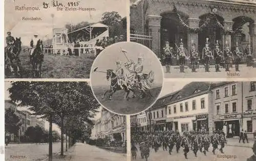 [Ansichtskarte] 0-1830 RATHENOW, Die Zieten Husaren, Rennbahn, Wache, Kaserne, Kirchgang, 1915. 