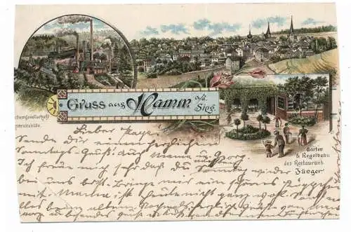 [Ansichtskarte] 5249 HAMM / Sieg, Lithographie 1897, Restaurant Jünger, Heinrichshütte, Gesamtansicht, beidseitig leider beschnitten. 