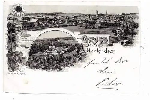 [Ansichtskarte] 5230 ALTENKIRCHEN, Lithographie 1897, Gesamtansicht mit Bahnhof, Kloster Marienstatt, zweiseitig leider beschnitten. 