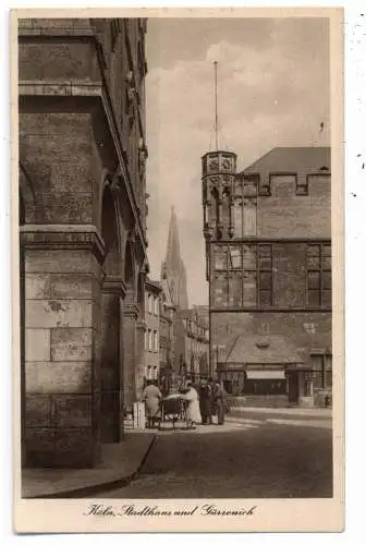 [Ansichtskarte] 5000 KÖLN, GÜRZENICH mit Anbau der Fa. Heinrich Bornheim, Stadthaus, Marktstand, Verlag Kessel. 
