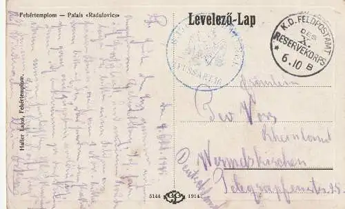 SERBIEN - WEISSKIRCHEN / BELA CRKVA, Palais Radulovics, 1915, deutsche Feldpost