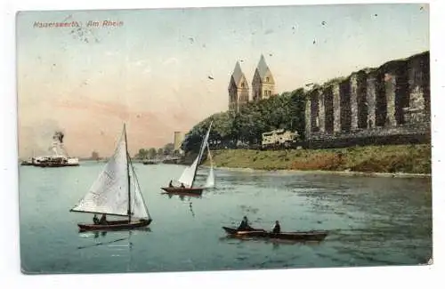 [Ansichtskarte] 4000 DÜSSELDORF - KAISERSWERTH,Blick vom Rhein, Segelboote, Frachtschiff, 1913. 