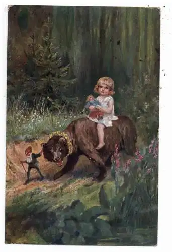 [Ansichtskarte] ZWERGE / GNOME / DWARFS / NANI, Zwerg mit auf Bär reitendem Mädchen / Puppe, "Ritt ins Märchenland", Künstler-Karte Susemihl, 1917. 