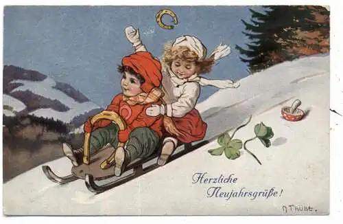 [Ansichtskarte] KINDER - Neujahrgrüsse, Kinder auf dem Schlitte, Pilz, Kleeblätter, Hufeisen, Künstler-Karte Maxim Trübe, Verlag Theo Stroefer. 