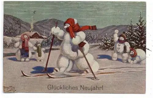 [Ansichtskarte] SCHNEEMANN / Snowman / Bonhomme de neige / Sneeuwpop, Schneemann auf Skiern, Neujahrskarte Arthur Thiele, 1922. 
