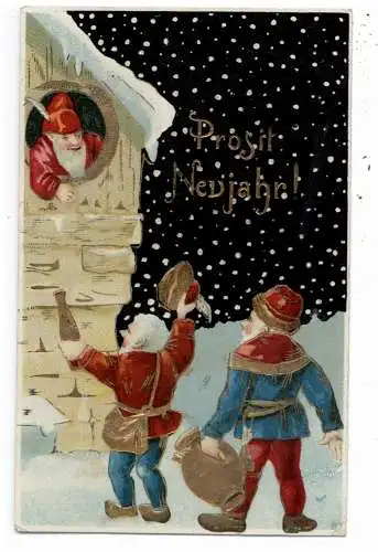 [Ansichtskarte] ZWERGE / GNOME / DWARFS / NANI, 3 feiernde Zwerge, Präge-Karte, embossed, relief, 1911. 