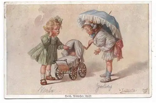 [Ansichtskarte] KINDER - "Husch, Püppchen schläft", Künstler-Karte Wally Fialkowska, 1918. 