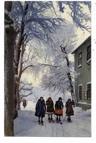 PHOTOCHROMIE - Verlag NENKE & OSTERMAIER, Winterszene, Skilaufende Mädchen, # 4236