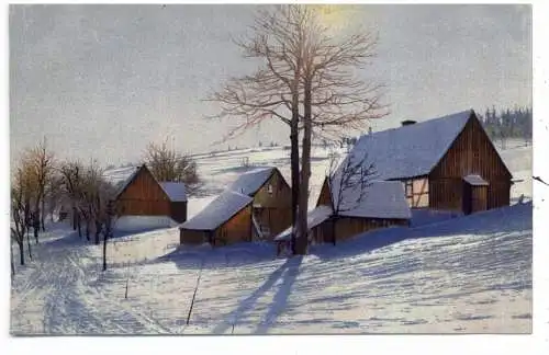 PHOTOCHROMIE - Verlag NENKE & OSTERMAIER, Winterszene, Dorf im Schnee, # 4221