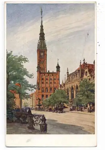 [Ansichtskarte] DANZIG, Langer Markt mit Rathaus, Künstler-Karte Hellingrath. 