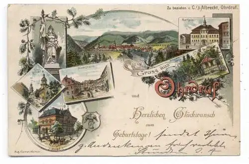 [Ansichtskarte] 0-5807 OHRDRUF, Lithographie 1898, Geburtstagsgruß mit 7 Anaichten, kl. Einriss oben. 