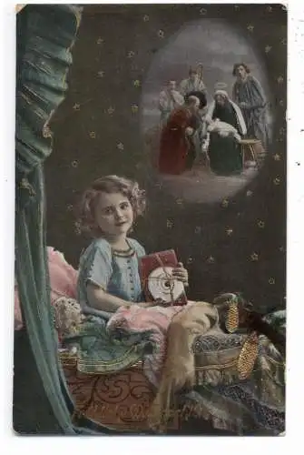 [Ansichtskarte] KRIPPE / CRIP / CULLA - Krippenszene, hl. 3 Könige, Goldpräge-Karte, 1912. 