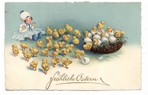 [Ansichtskarte] OSTERN / EASTER Greetings - Mädchen mit vielen Küken, 1928. 