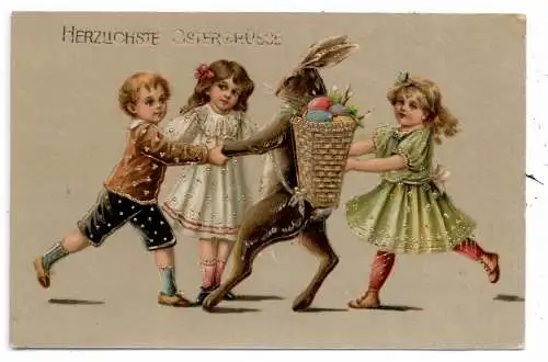 [Ansichtskarte] OSTERN / EASTER Greetings - Hase tanzt mit Kindern, Göldprägung / embossed / relief, 1918. 