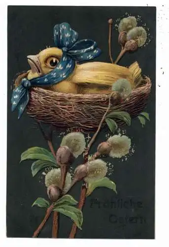 [Ansichtskarte] OSTERN / EASTER Greetings - Küken mit Zahnschmerzen im Nest, Präge - Karte, embossed, relief. 