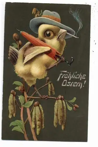 [Ansichtskarte] OSTERN / EASTER Greetings - Elegantes Küken mit Zigarette, Hut und Regenschirm, Präge - Karte, embossed, relief. 