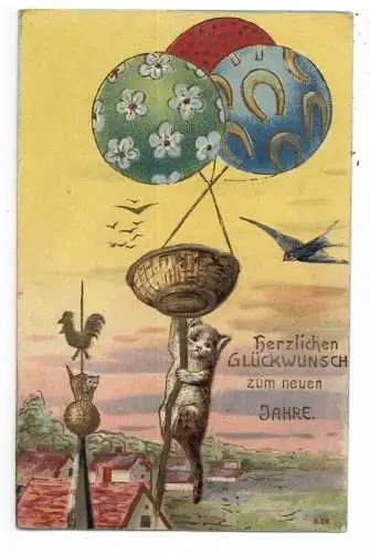 [Ansichtskarte] KATZEN / CATS / CHATS - Katze hängt an Ballons, Präge-Karte, embossed, relief, 1907. 