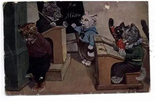 [Ansichtskarte] KATZEN / CATS / CHATS - Katzenschule, Künstler-Karte Arthur Thiele, Mängel. 