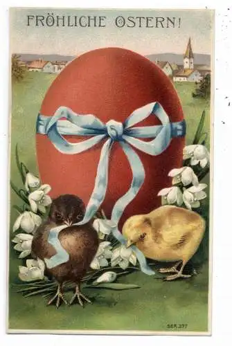 [Ansichtskarte] OSTERN / EASTER Greetings - Küken und ein prächtiges rotes Ei, Präge - Karte, embossed, relief. 