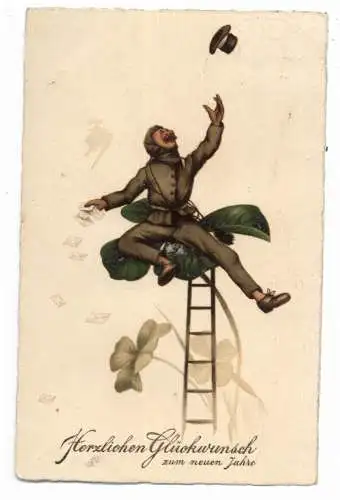 [Ansichtskarte] SCHORNSTEINFEGER / CHIMNEY SWEEPES / ROMANEUR, sitzt auf Kleeblatt, 1927. 