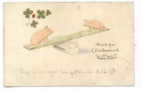 SCHWEINE / Pics / Varkens / Cochons, 2 Schweinchen auf der Wippe, Präge-Karte / embossed / relief, 1906
