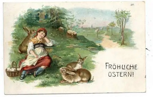 [Ansichtskarte] OSTERN / EASTER Greetings - Schlafendes Mädchen mit hasen auf der Wiese, Lithographie. 