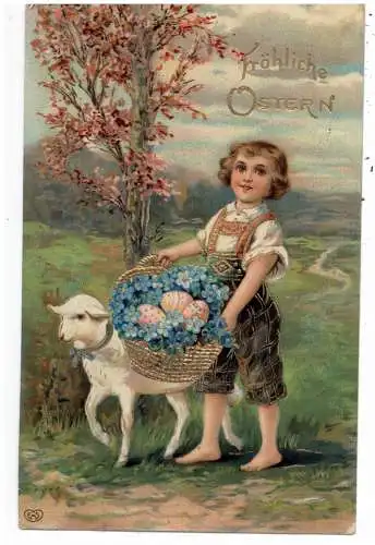 [Ansichtskarte] OSTERN / EASTER Greetings - Mädchen mit Osterlamm und Eierkorb, Goldprägekarte, embossed, relief, 191.. 