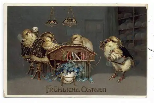 [Ansichtskarte] OSTERN / EASTER Greetings - Küken bei der Büroarbeit, Goldprägekarte, embossed, relief, 1913. 