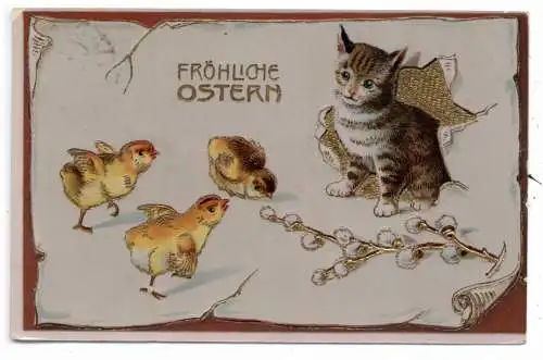 [Ansichtskarte] OSTERN / EASTER Greetings - Katze mit Küken und Weidenzweig, Goldprägekarte, embossed, relief, 1927. 