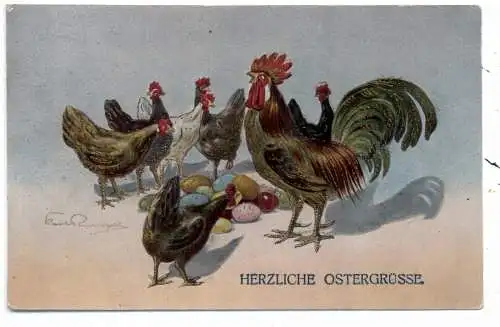 [Ansichtskarte] OSTERN / EASTER Greetings - Hahn und Hennen mit bunten Ostereiern, Künstler-Karte Karl Ernst Friedrich Rumpel, 1917. 