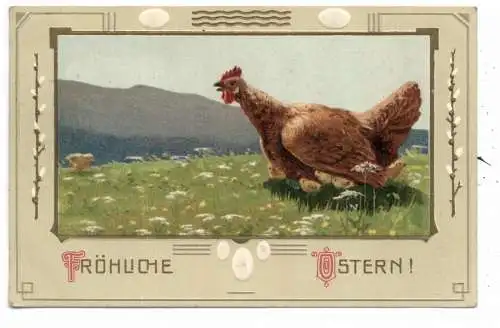 [Ansichtskarte] OSTERN / EASTER Greetings - Henne und Küken auf der Wiese, 1913, geprägte Jugendstilornamente. 