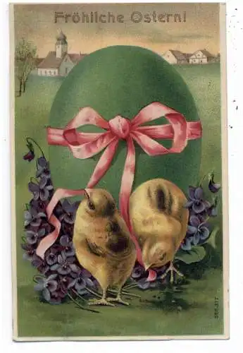 [Ansichtskarte] OSTERN / EASTER Greetings - Küken mit dickem grünen Ei, Präge-Karte, embossed, relief, 1909. 